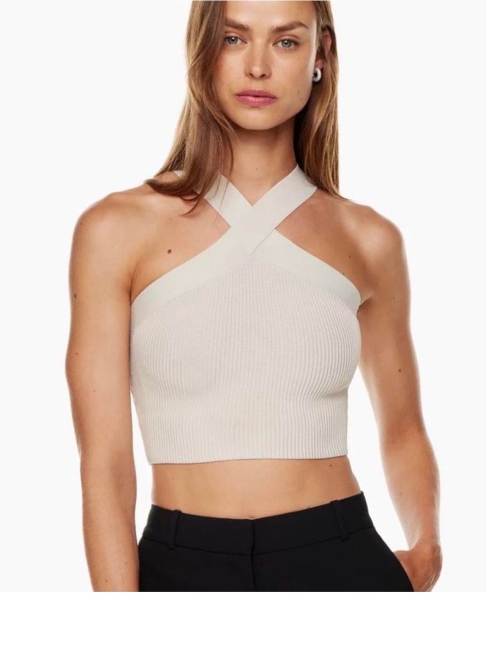 Babaton Cream Crossover Halter Ribbed Crop Top